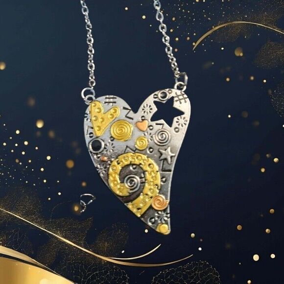 Modern Silver Gold Copper Heart Necklace Art Fun Unique - Picture 6 of 7